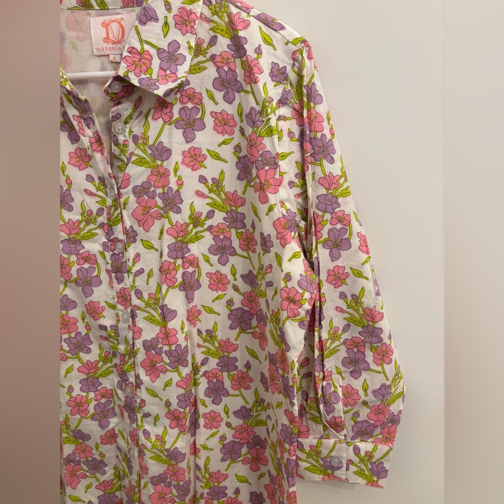 Victoria Dunn Floral Button-Front Midi Dress in Pink and Green - Picture 2 of 6